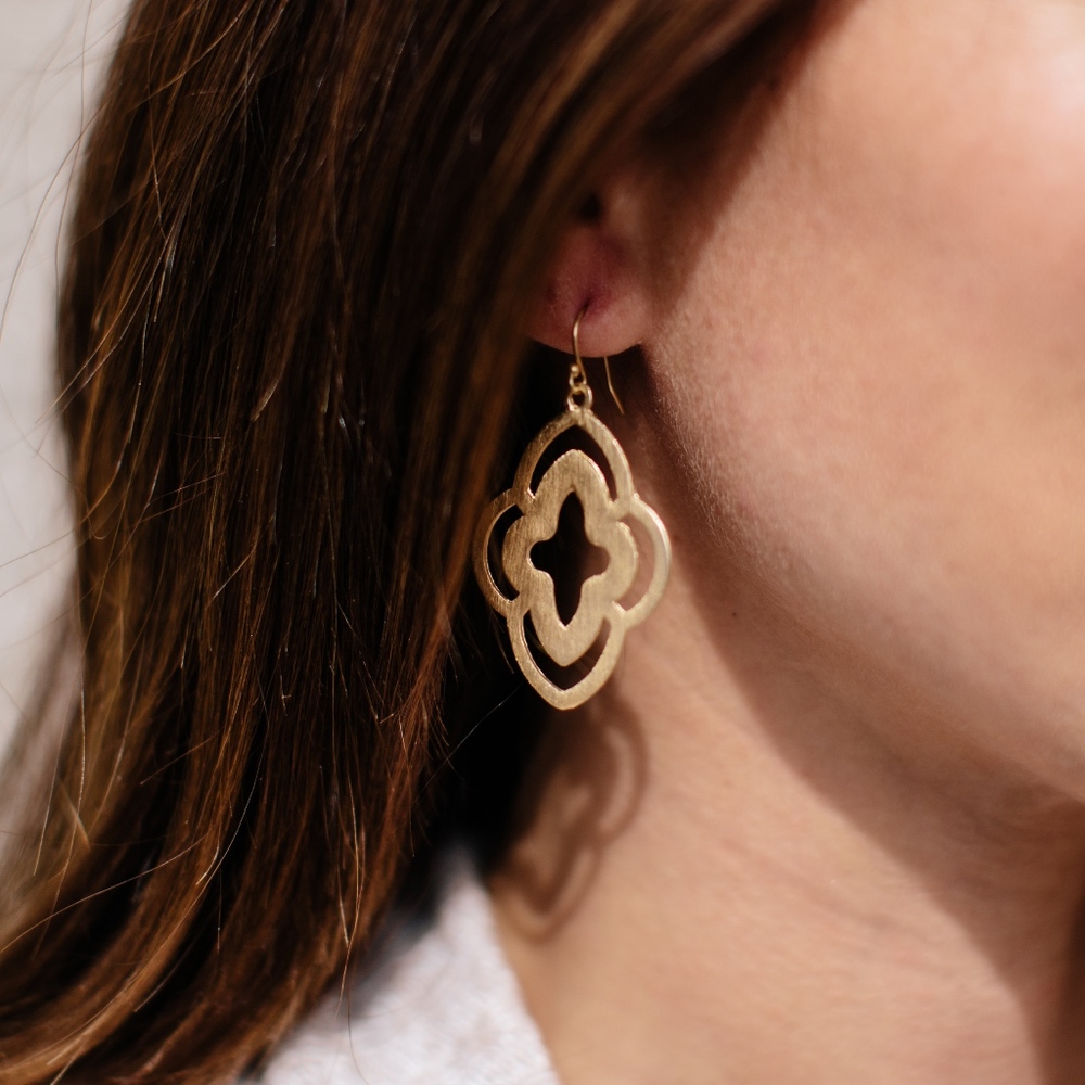 Brushed Metal Quatrefoil Drop Earrings.